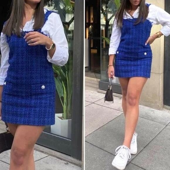 NWT Zara Tweed Dress Textured Pinafore Mini Women XL Blue Bloggers Favorite - Picture 5 of 15